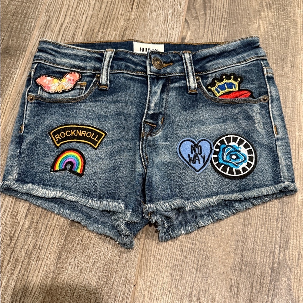 Hudson Jeans Blue Denim Shorts with Colorful Patches size 10